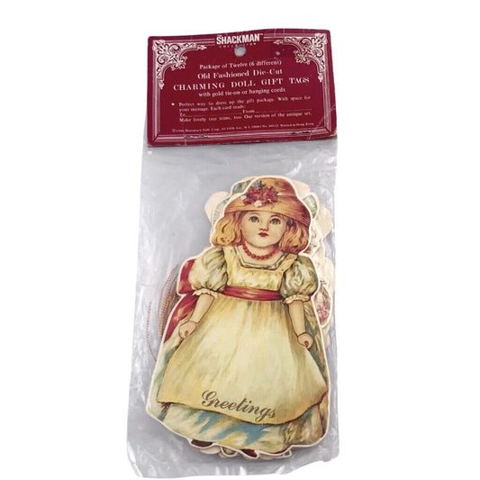 (12) Old Fashioned Die-Cut Charming 4.5" Doll Gift Tags Gold Cords 1986