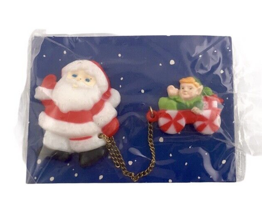 Santa & Elf Christmas 3" Vintage Pin 1988 Enesco