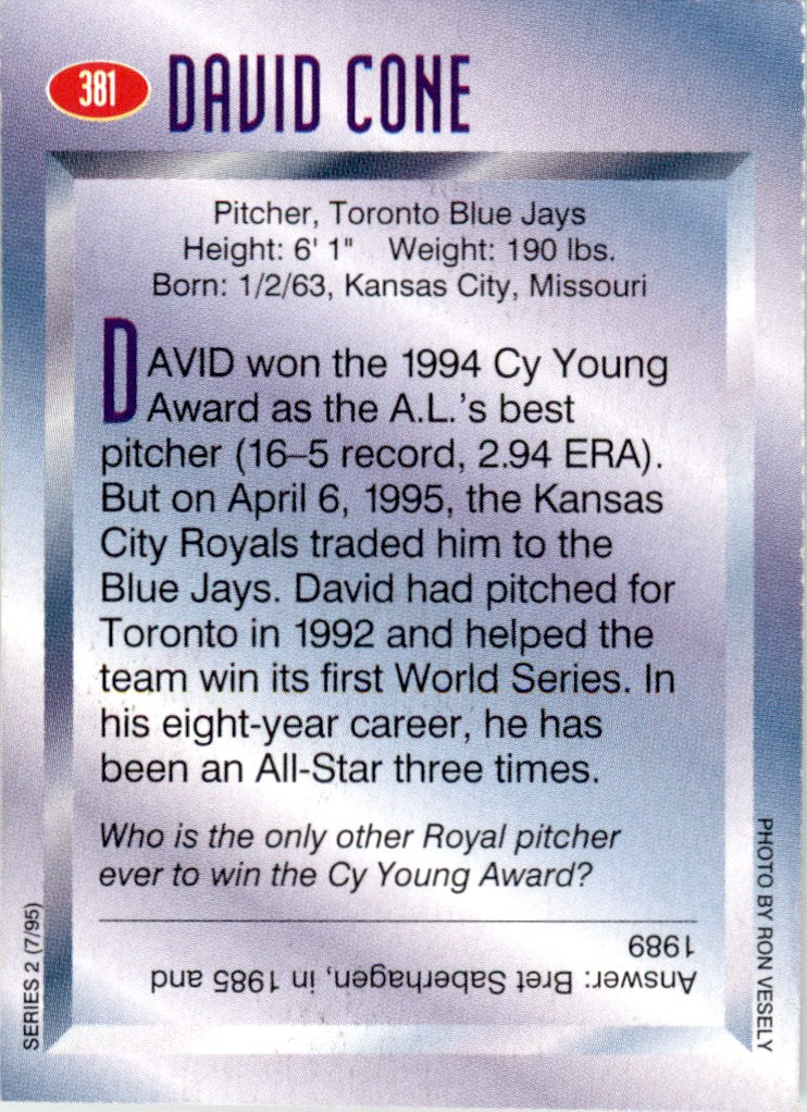 1995 Sports Illustrated for Kids #381 David Cone Toronto Blue Jays