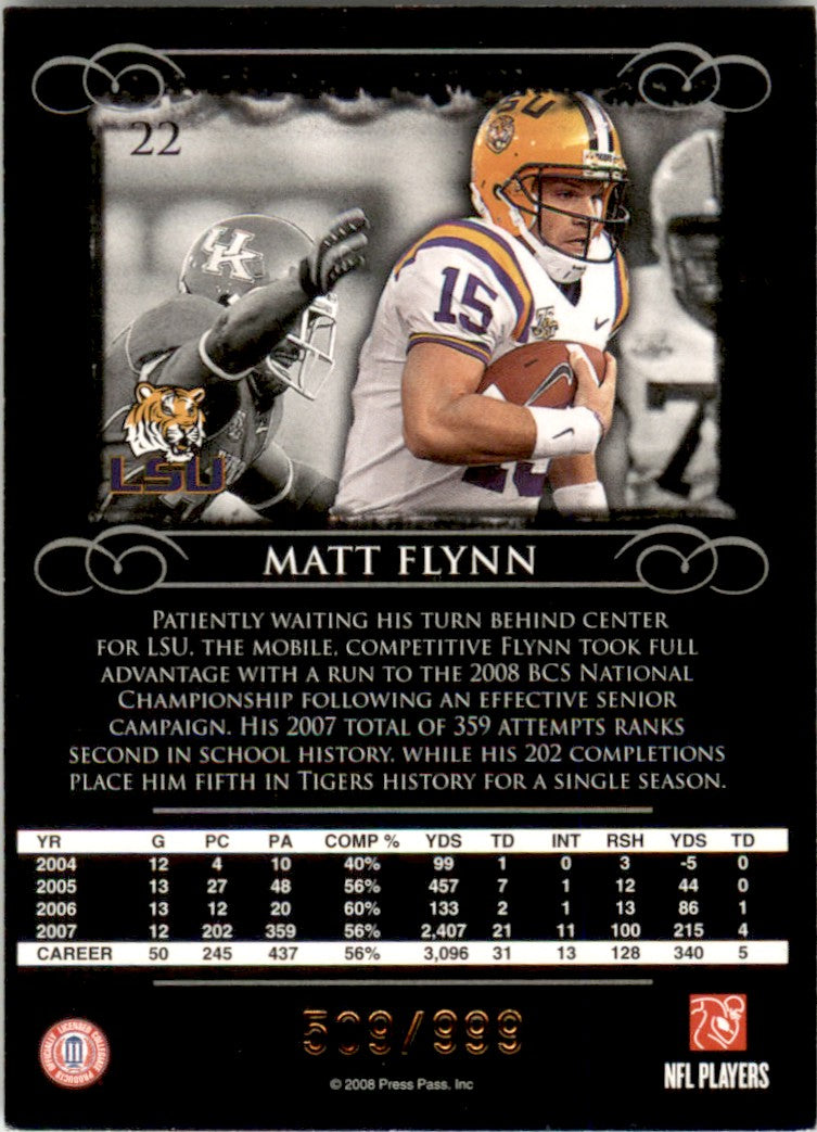 2008 Press Pass Legends Bronze #22 Matt Flynn LSU Tigers /999