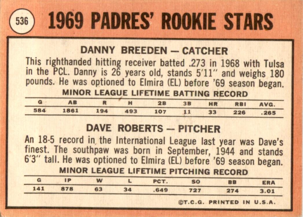 1969 Topps #536 Padres Rookies Danny Breeden / Dave Roberts RC Padres VG