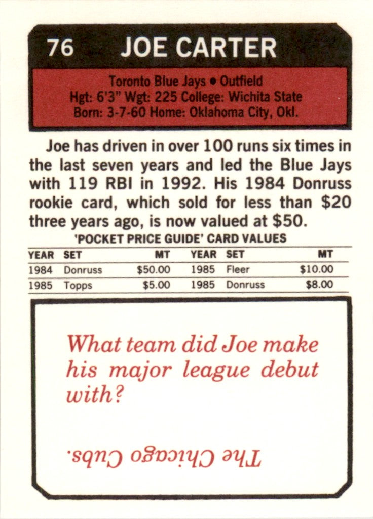1993 SCD #76 Joe Carter Toronto Blue Jays