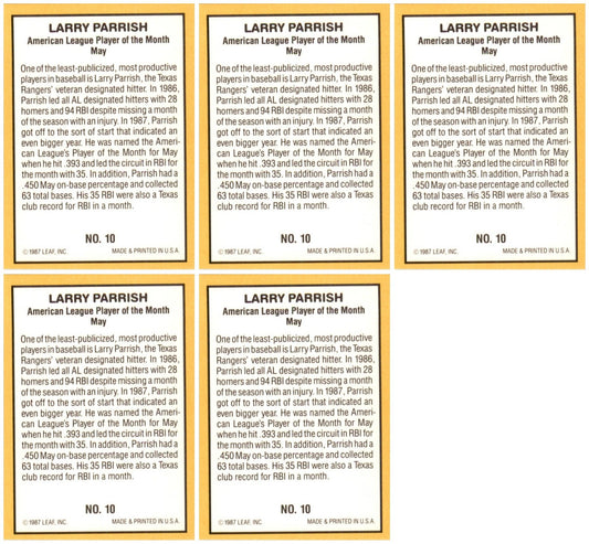 (5) 1987 Donruss Highlights #10 Larry Parrish Texas Rangers Card Lot
