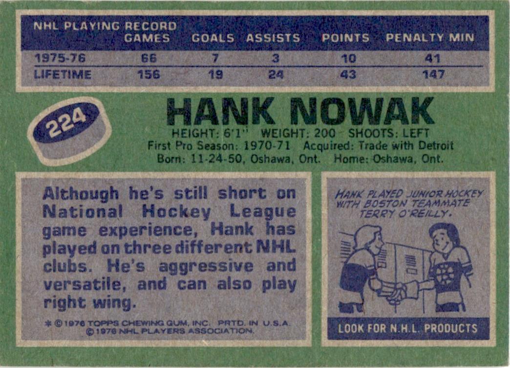 1976 Topps #224 Hank Nowak RC Boston Bruins VG