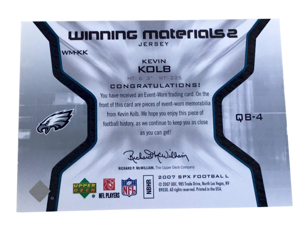 2007 SPx - Winning Materials Jersey Number Dual #WMKK Kevin Kolb Eagles