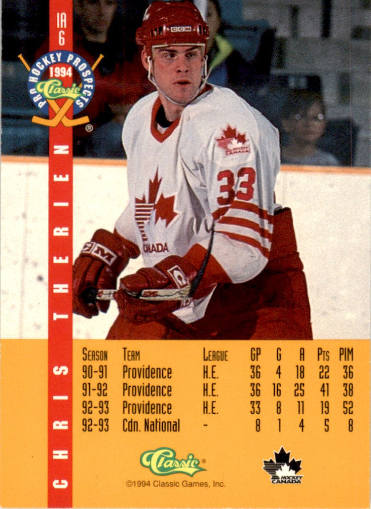 1994 Classic Pro Prospects Ice Ambassadors #IA6 Chris Therien Team Canada