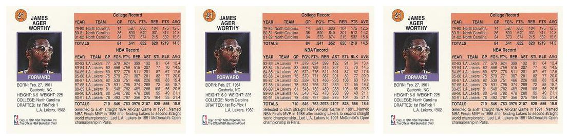 (3) 1991-92 Hoops McDonald's Basketball #21 James Worthy Lot Los Angeles Lakers