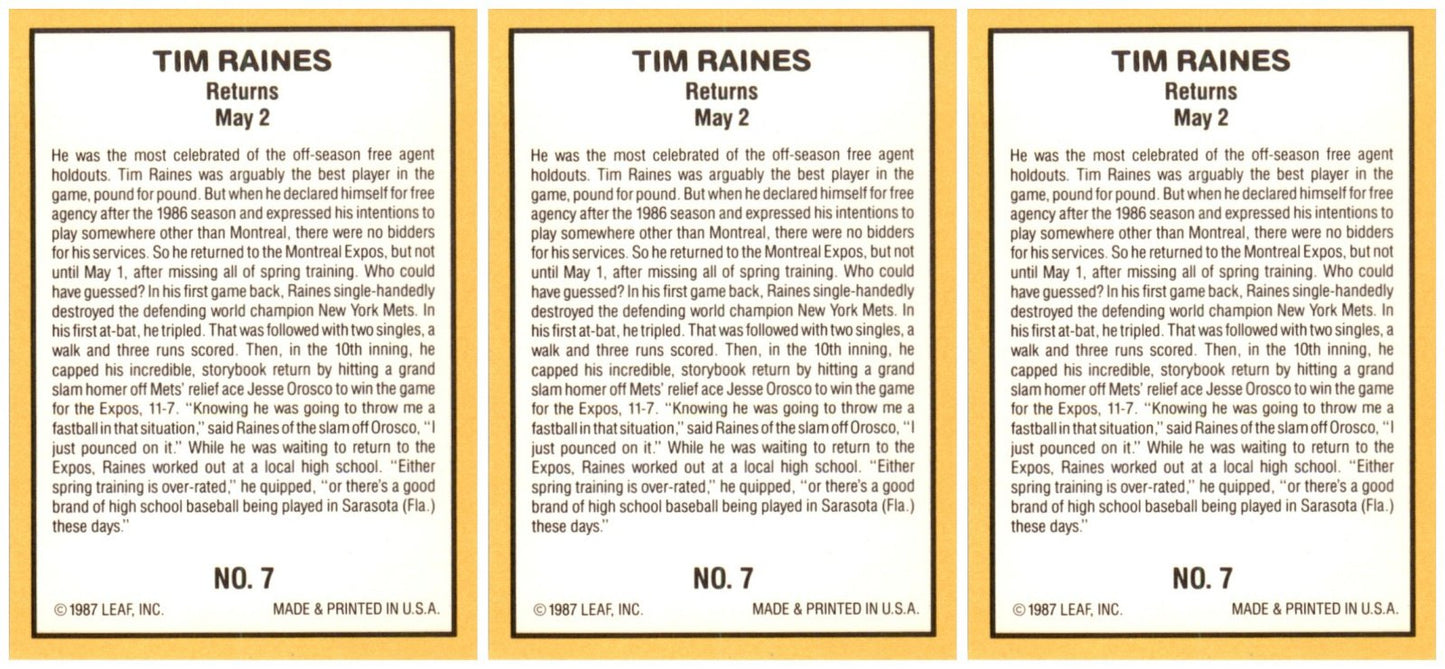 (3) 1987 Donruss Highlights #7 Tim Raines Montreal Expos Card Lot