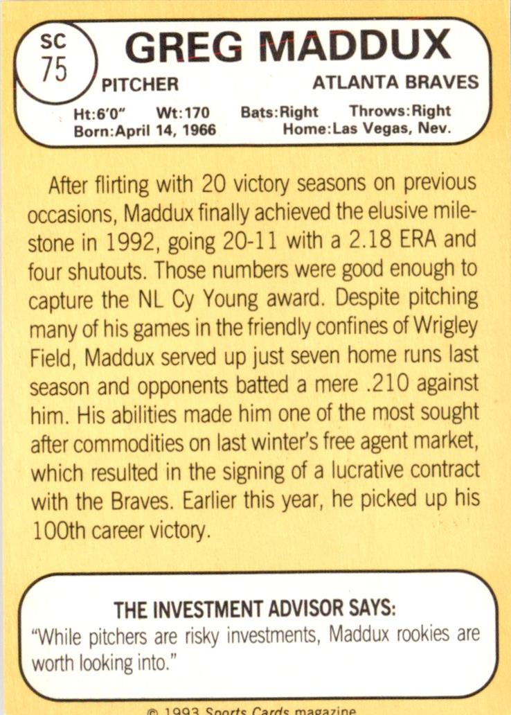 1993 Baseball Card Magazine '68 Topps Replicas #SC75 Greg Maddux Braves