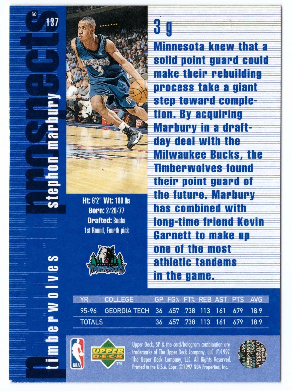 1996-97 SP #137 Stephon Marbury Premier Prospects RC Minnesota Timberwolves