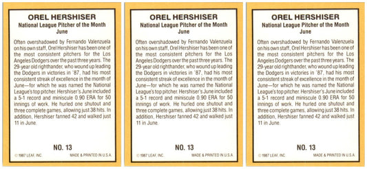 (3) 1987 Donruss Highlights #13 Orel Hershiser Los Angeles Dodgers Card Lot