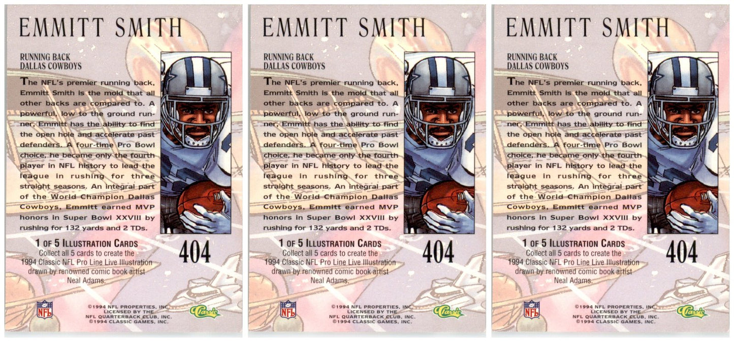 (3) 1994 Pro Line Live #404 Emmitt Smith Dallas Cowboys Card Lot