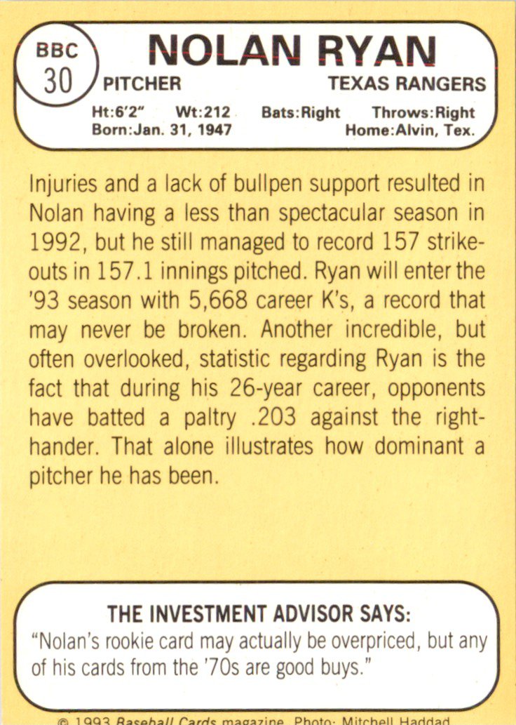 1993 Baseball Card Magazine '68 Topps Replicas #BBC30 Nolan Ryan Rangers