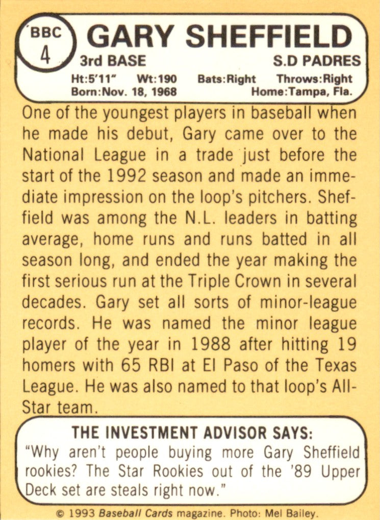 1993 Baseball Card Magazine '68 Topps Replicas # BBC4 Gary Sheffield Padres
