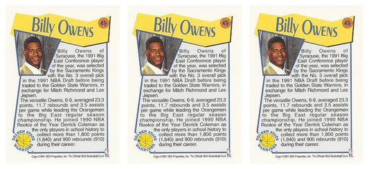 (3) 1991-92 Hoops McDonald's Basketball #49 Billy Owens Lot Warriors