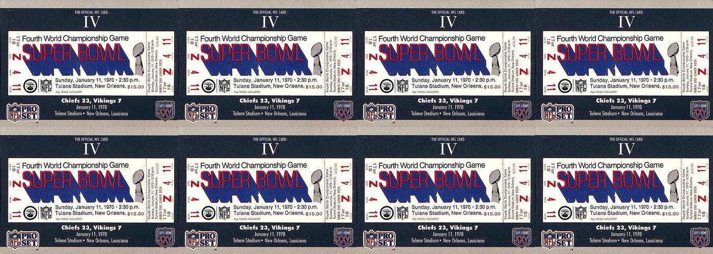 (8) 1990-91 Pro Set Super Bowl 160 Football #4 Super Bowl IV Ticket Card Lot