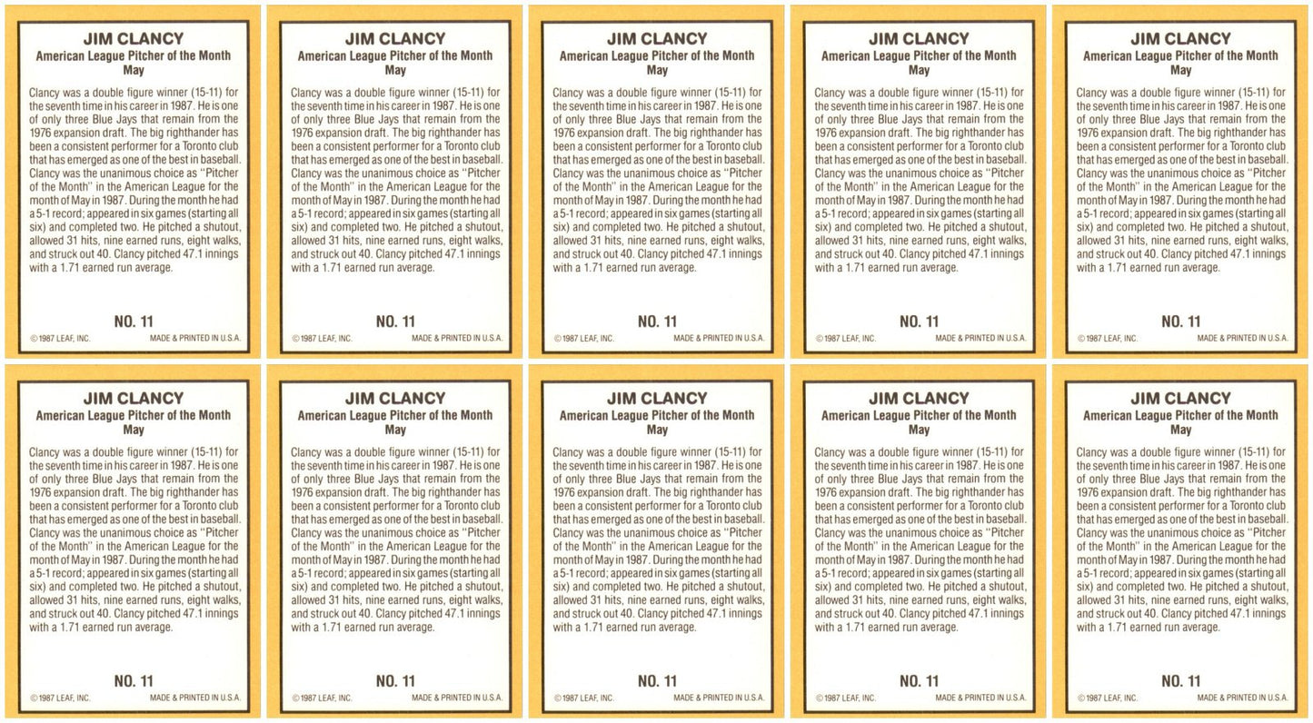 (10) 1987 Donruss Highlights #11 Jim Clancy Toronto Blue Jays Card Lot