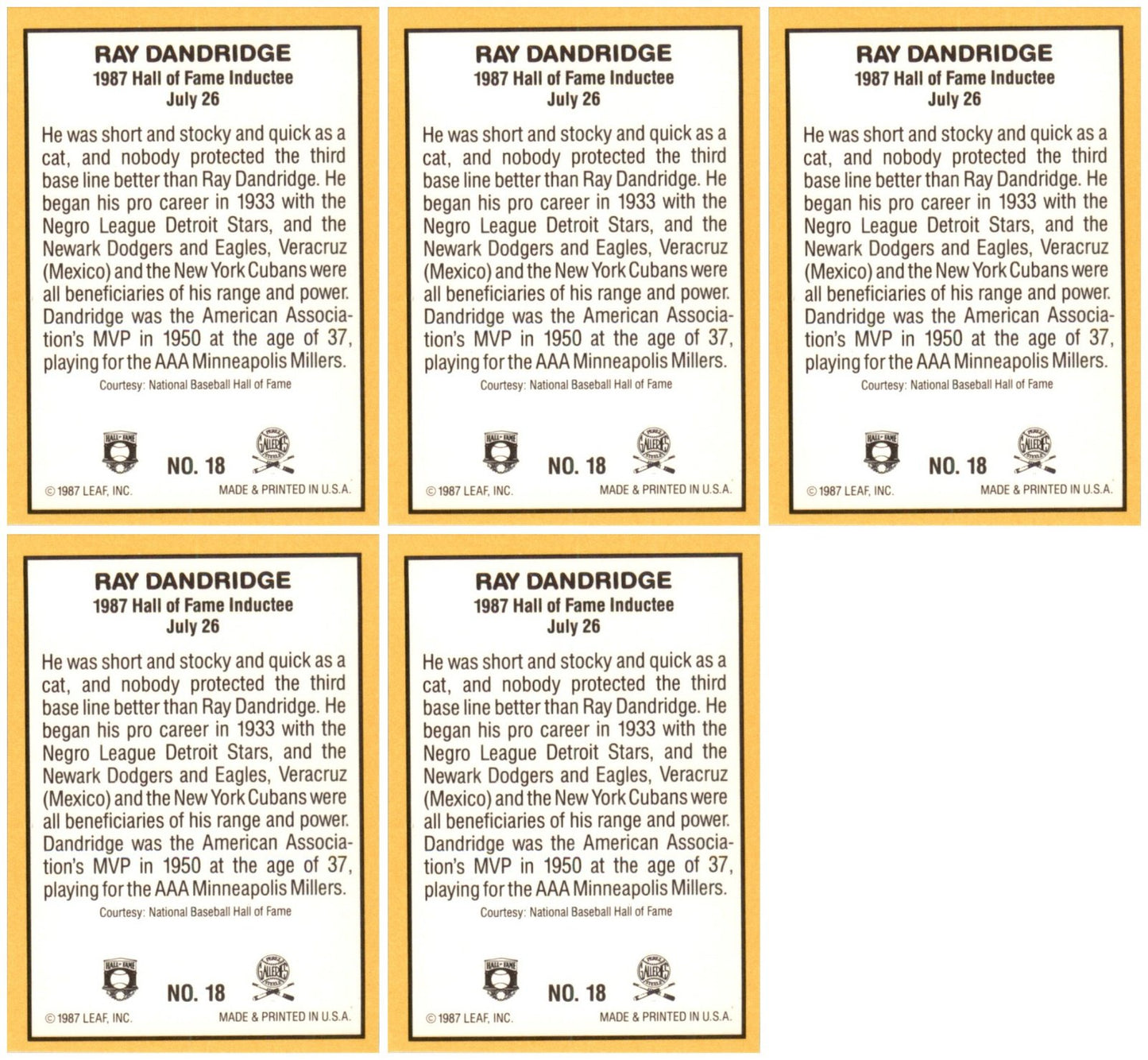 (5) 1987 Donruss Highlights #18 Ray Dandridge Minneapolis Millers Card Lot