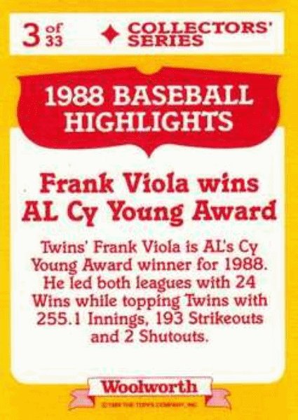 1989 Topps Woolworth Baseball Highlights Baseball 3 Frank Viola CY