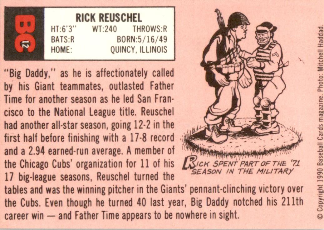 1990 Baseball Card Magazine '69 Topps Replicas #12 Rick Reuschel Giants