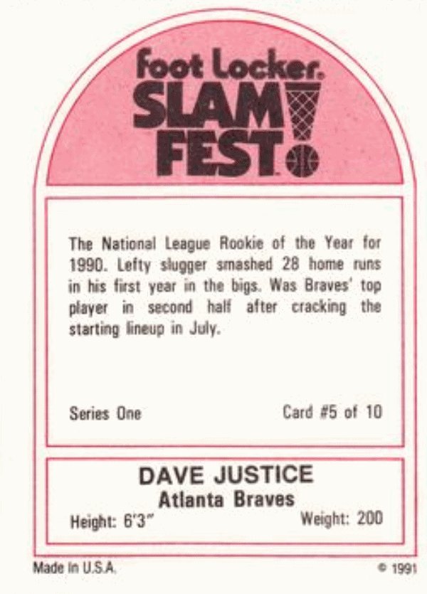 1991 Foot Locker Slam Fest Basketball #5 David Justice Atlanta Braves