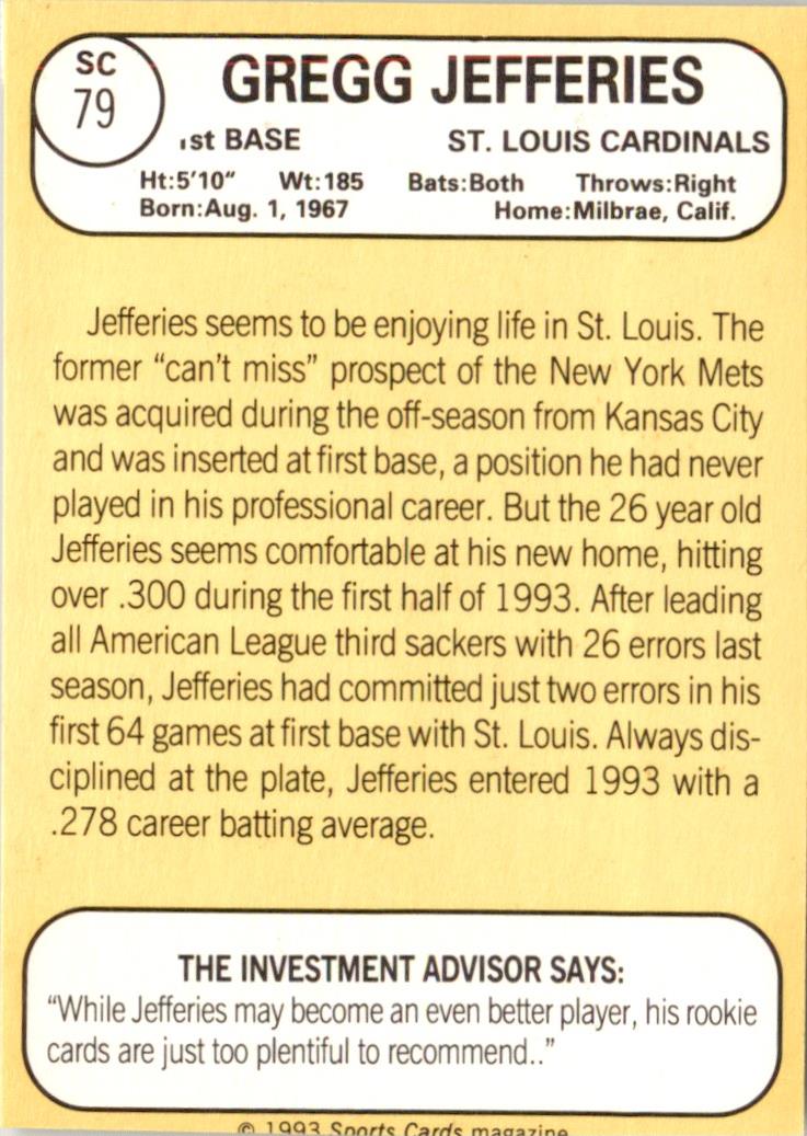 1993 Baseball Card Magazine '68 Topps Replicas #SC79 Gregg Jefferies Cardinals