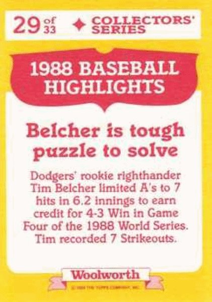 1989 Topps Woolworth Baseball Highlights Baseball 29 Tim Belcher