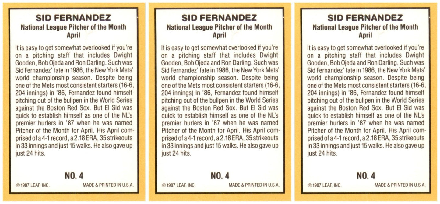 (3) 1987 Donruss Highlights #4 Sid Fernandez New York Mets Card Lot