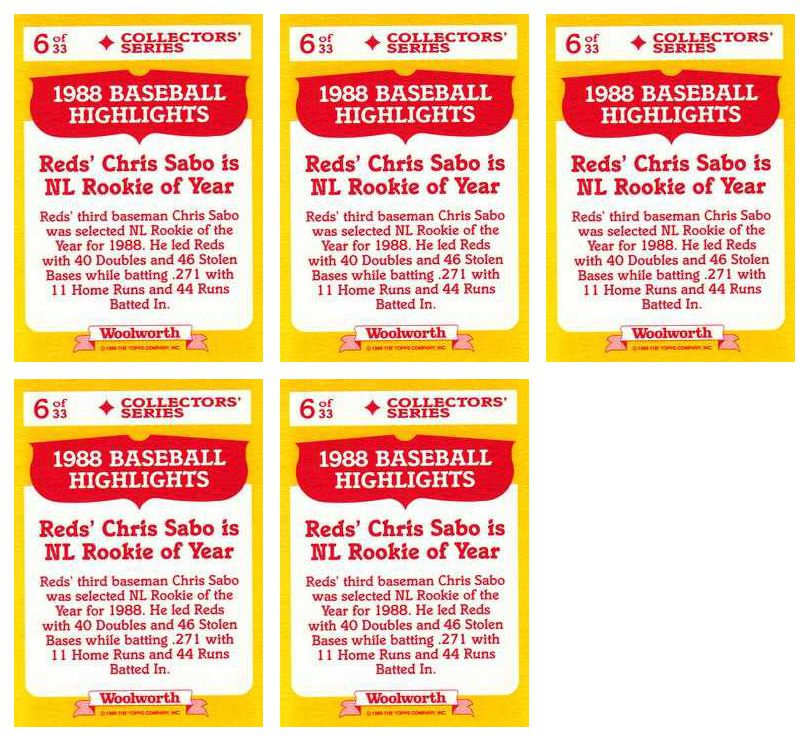 (5) 1989 Topps Woolworth Baseball Highlights #6 Chris Sabo ROY Lot Reds