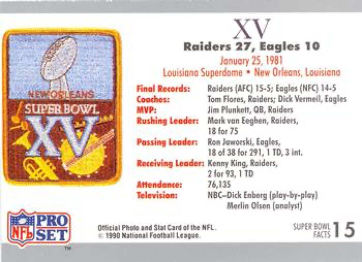1990-91 Pro Set Super Bowl 160 Football 15 SB XV Ticket