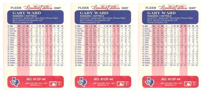 (3) 1987 Fleer Limited Edition Baseball #41 Gary Ward Lot Texas Rangers