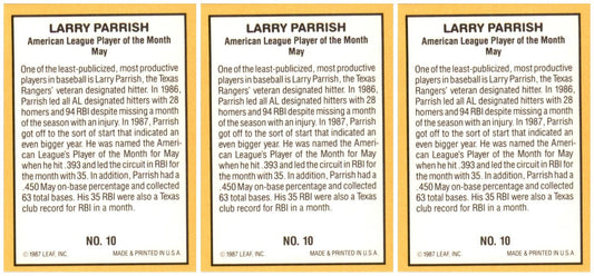 (3) 1987 Donruss Highlights #10 Larry Parrish Texas Rangers Card Lot