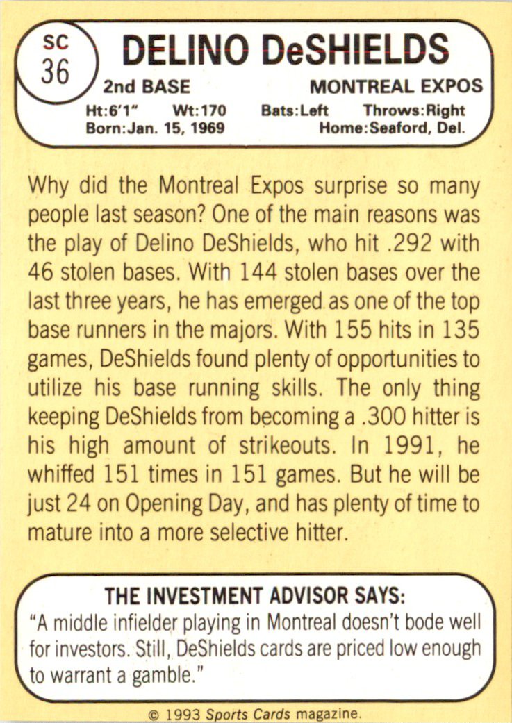 1993 Baseball Card Magazine '68 Topps Replicas #SC36 Delino DeShields Expos