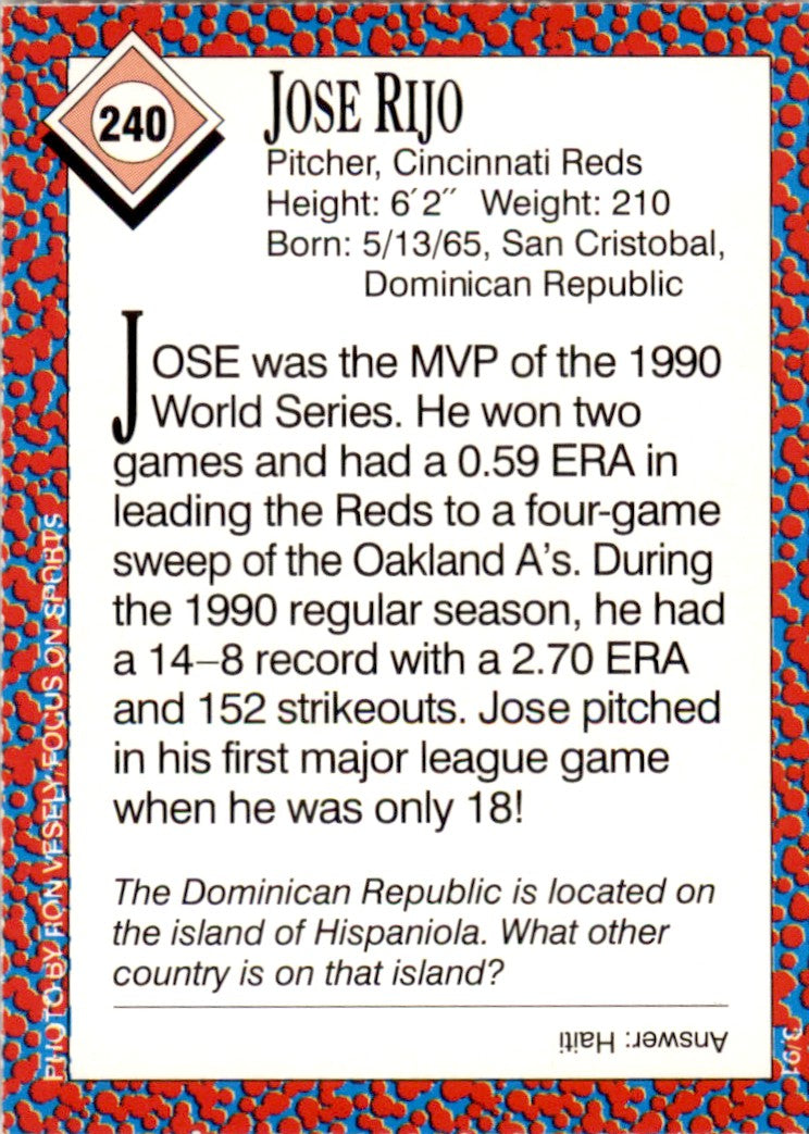 1991 Sports Illustrated for Kids #240 Jose Rijo Cincinnati Reds