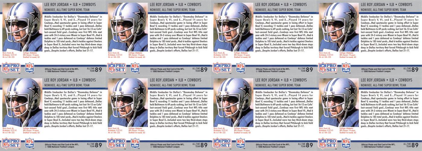 (8) 1990-91 Pro Set Super Bowl 160 Football #89 Lee Roy Jordan Cowboys Card Lot