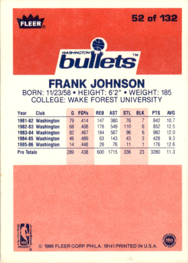1986 Fleer #52 Frank Johnson RC Bullets EX