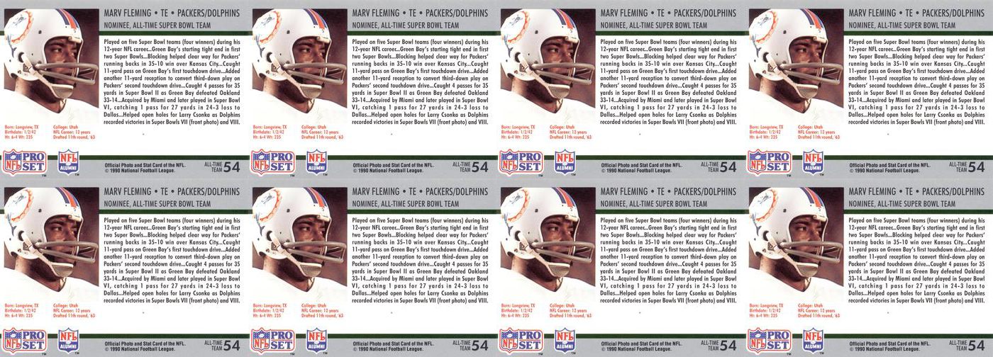 (8) 1990-91 Pro Set Super Bowl 160 Football #54 Marv Fleming Dolphins Card Lot