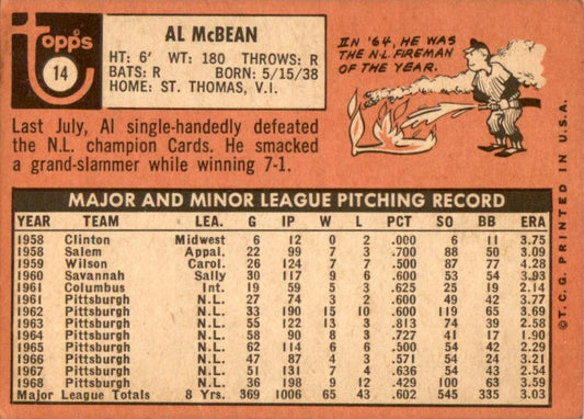 1969 Topps #14 Al McBean San Diego Padres VG