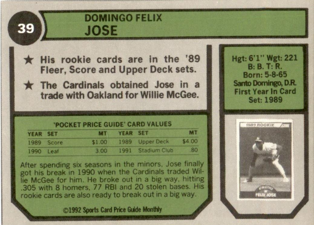 1992 SCD #39 Felix Jose St. Louis Cardinals