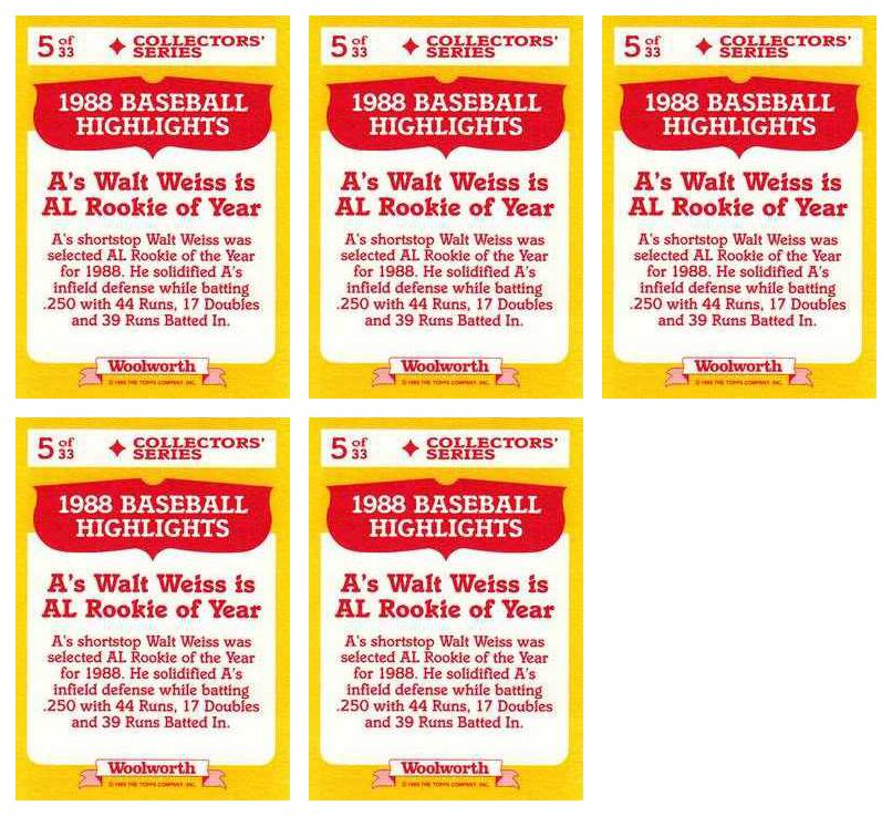 (5) 1989 Topps Woolworth Baseball Highlights #5 Walt Weiss ROY Lot Athletics