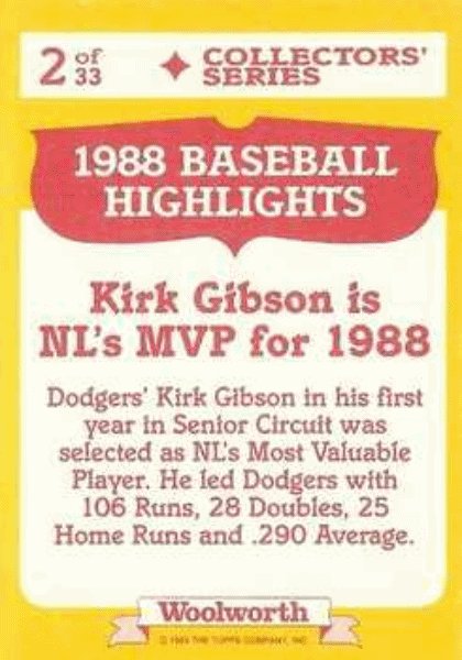 1989 Topps Woolworth Baseball Highlights Baseball 2 Kirk Gibson MVP