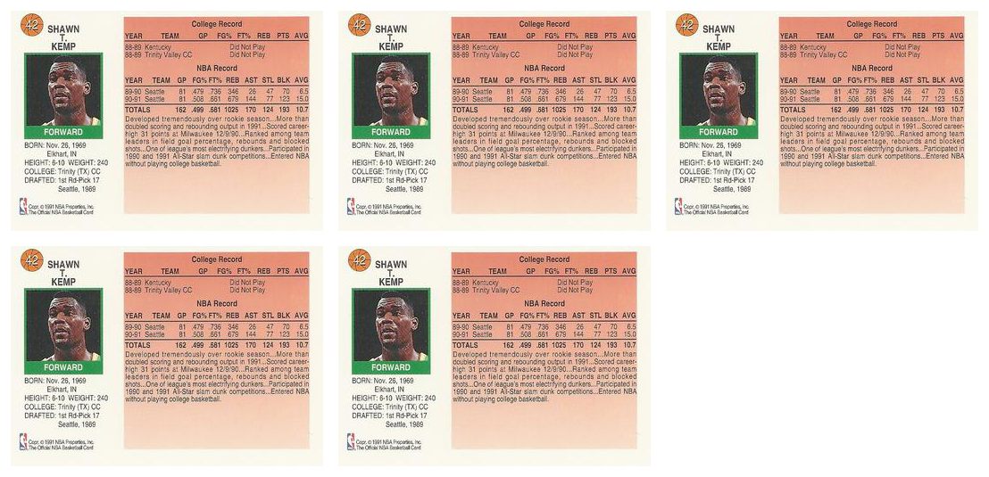 (5) 1991-92 Hoops McDonald's Basketball #42 Shawn Kemp Lot Supersonics