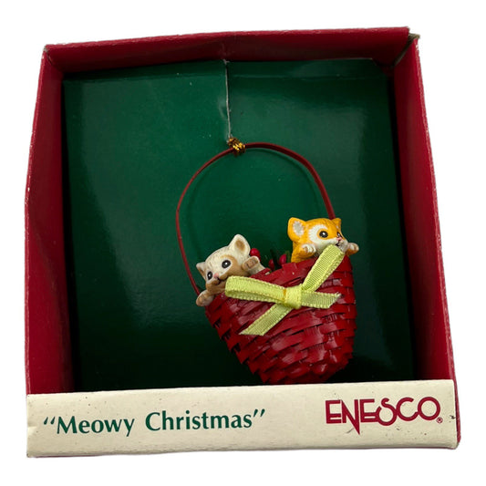 Small Wonders Meowy Christmas Vintage Kittens in Basket Ornament 1989 Enesco