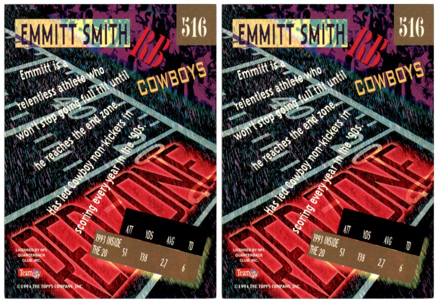 (2) 1994 Stadium Club #516 Emmitt Smith Dallas Cowboys Card Lot