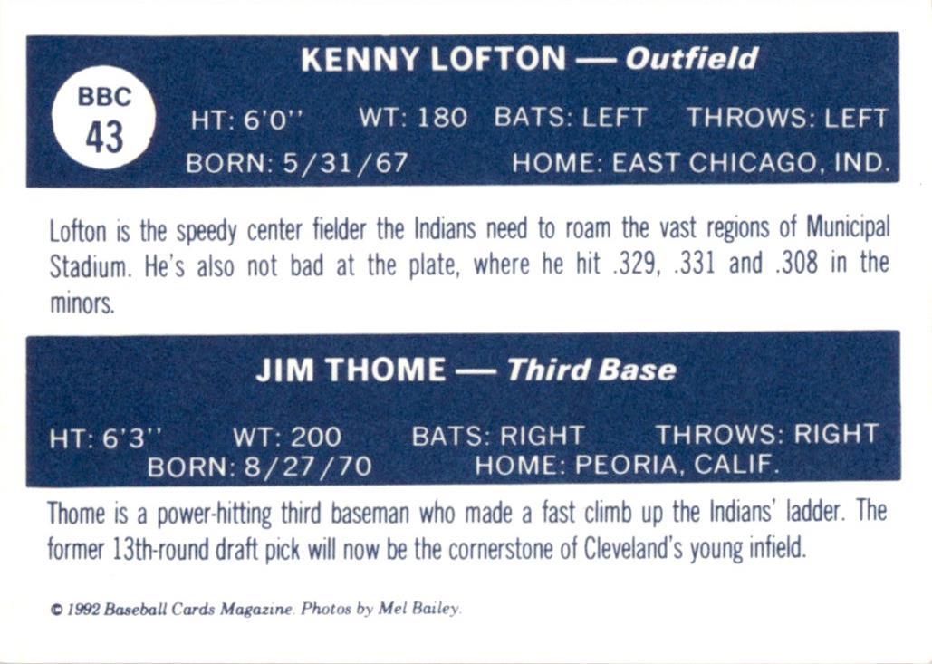 1992 Baseball Cards Magazine '70 Topps Replicas #43 Lofton / Thome Indians