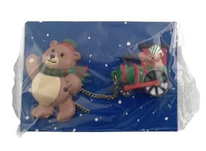 Teddy Bears & Train Christmas 3" Vintage Pin 1988 Enesco