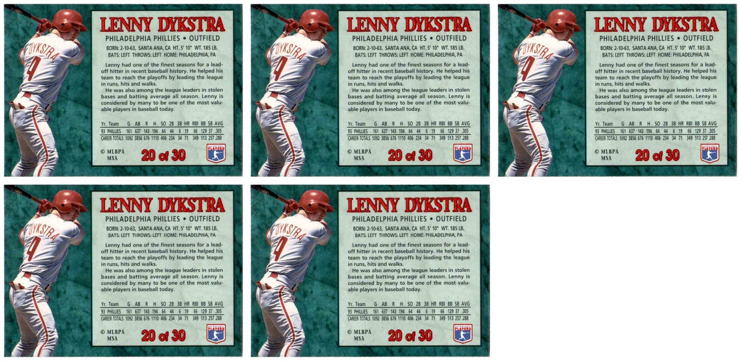 (5) 1994 Post Cereal Baseball #20 Lenny Dykstra Phillies Baseball Card Lot