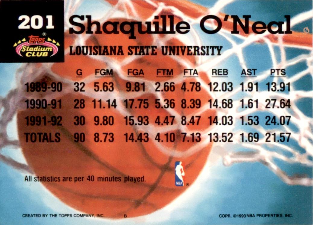1992 Stadium Club Members Choice #201 Shaquille O'Neal Orlando Magic