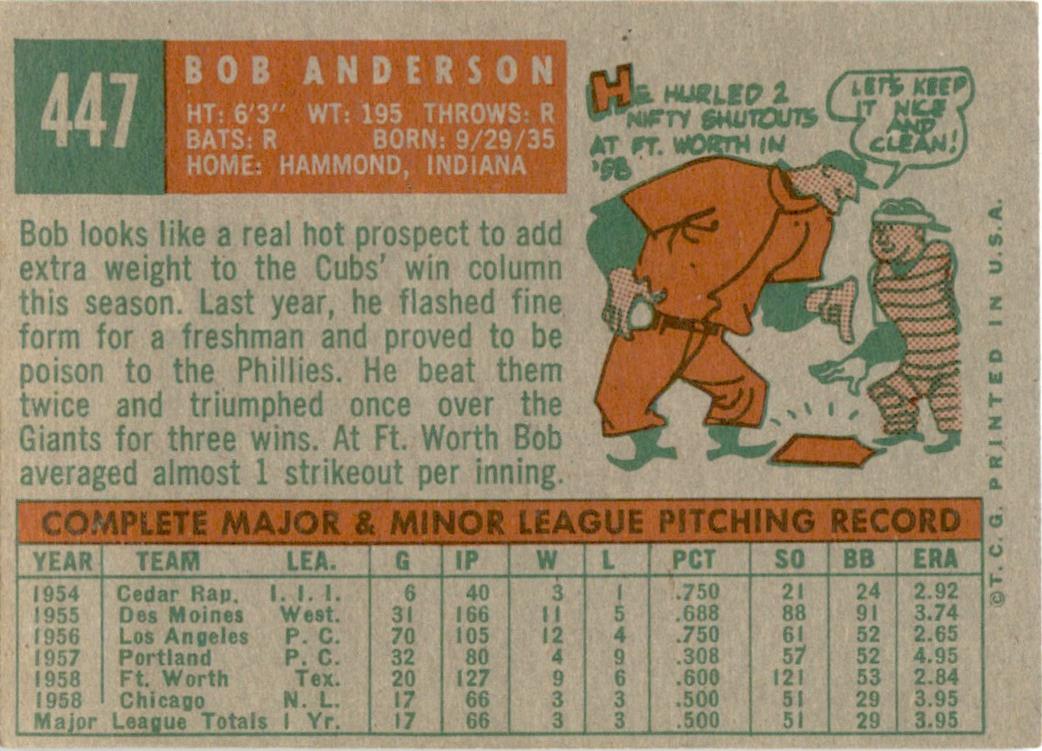 1959 Topps #447 Bob Anderson Chicago Cubs GD