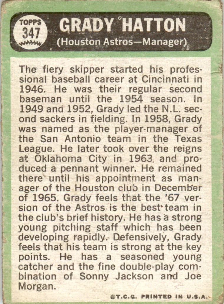 1967 Topps #347 Grady Hatton Houston Astros FR